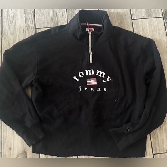 Women’s used L large size Tommy Jeans retro quarter zip pullover black - Picture 1 of 5